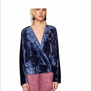 Zara Blue Velvet Sequin Bird Kimono Wrap Top